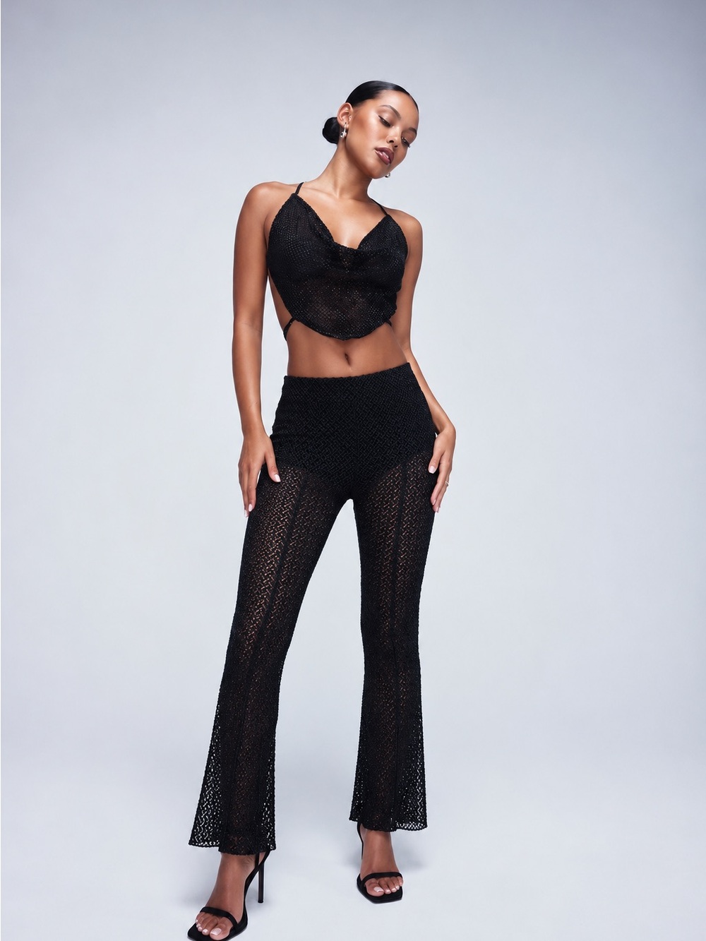 Forever 21 Black Fishnet Mesh Flare Pants Size S Y2K Festival Boho